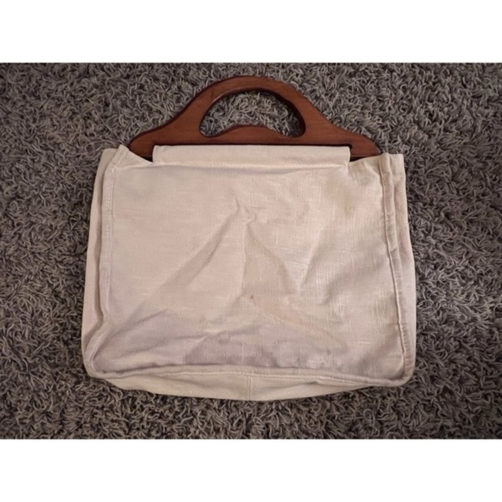 Vintage‎ Linen Peacock Wooden Handle Handbag W/Rhinestones 10"x13x3" - Picture 13 of 13